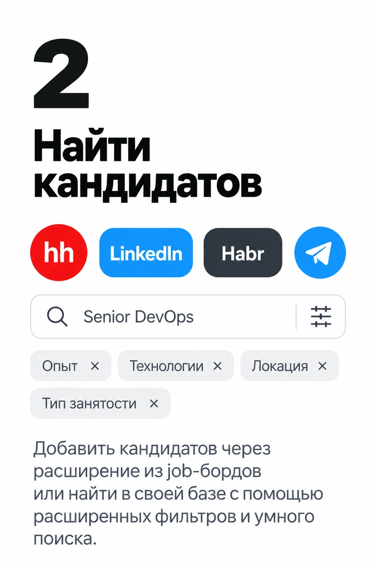 Этап 2: Найти кандидатов. Добавить кандидатов через расширение из job-бордов или найти в своей базе с помощью расширенных фильтров и умного поиска.