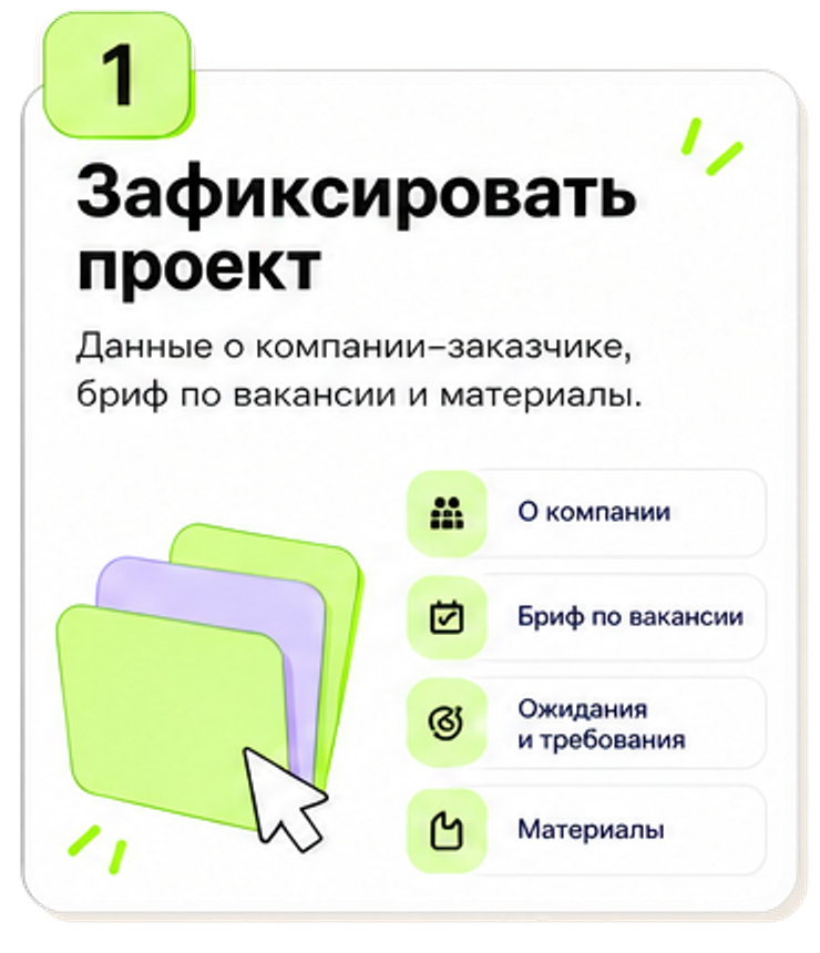 Зафиксировать проект: данные о компании-заказчике, бриф по вакансии и материалы.