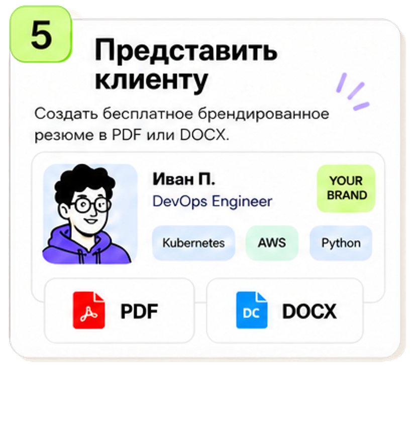 Представить клиенту: брендированное резюме кандидата в PDF и DOCX.